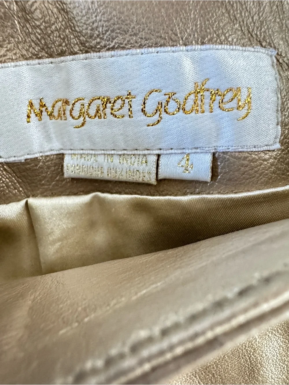 Margaret Godfrey Genuine Leather Metallic Gold A-Line Midi Skirt Glam Statement